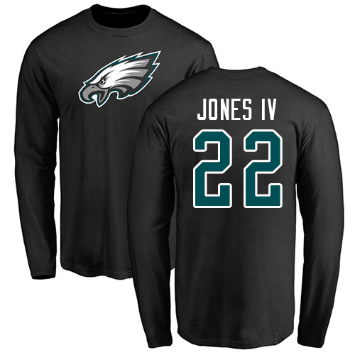 Men Philadelphia Eagles #22 Sidney Jones Black Name and Number Logo Long Sleeve NFL T Shirt->nfl t-shirts->Sports Accessory